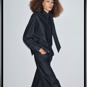 Zara ZW Collection Denim Tie-Neck Shirt blouse